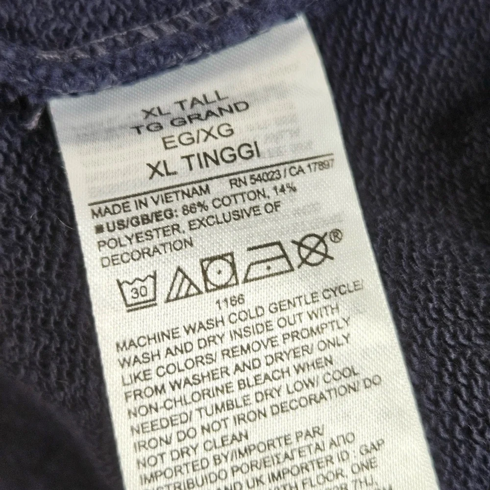 GAP Worldwide Logo Hoodie Acid Wash Navy Sweatshirt Dark Night Mens Size XL Tall - Picture 10 of 11